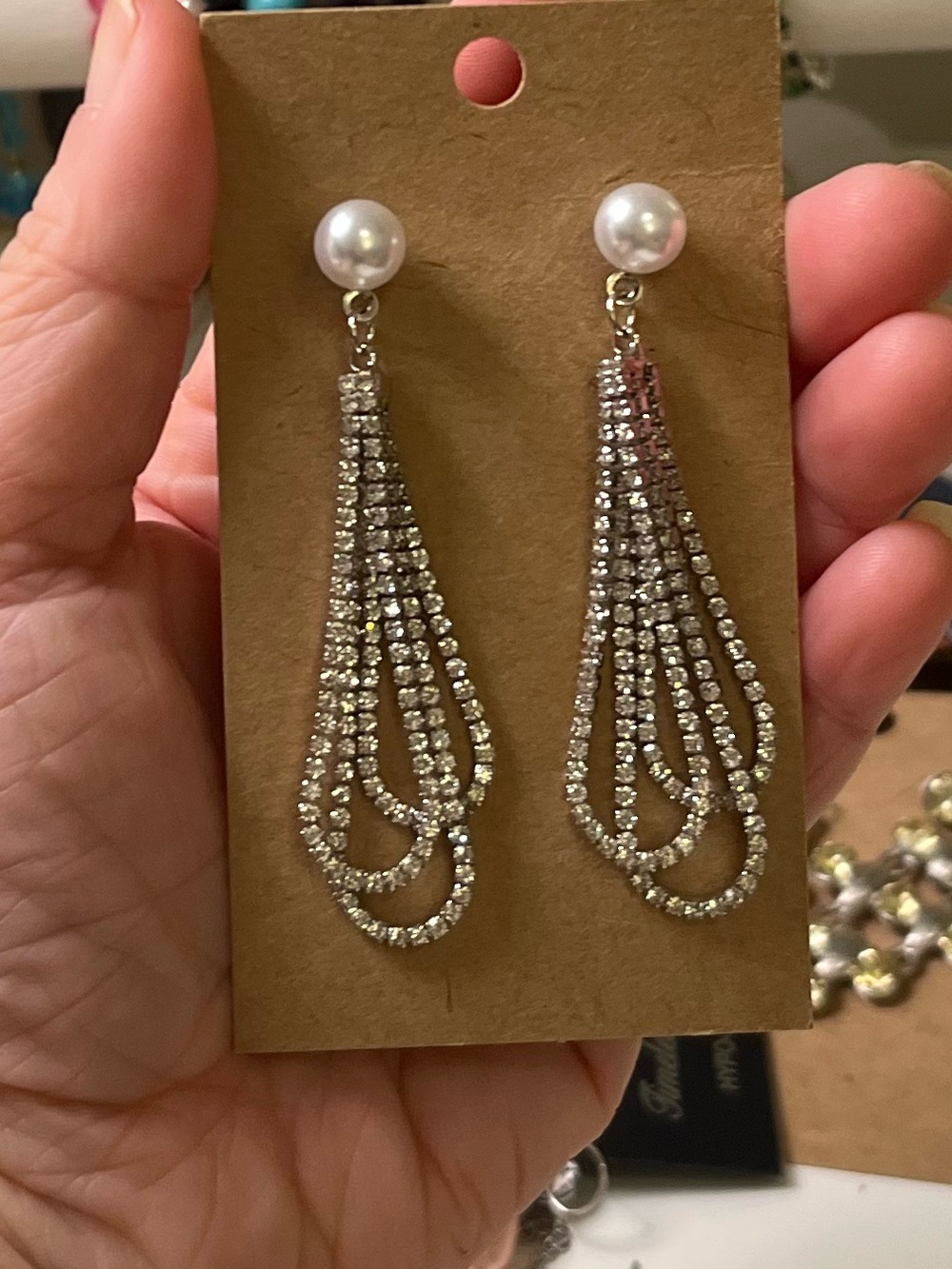 Silver Tone Pearl Drop Rhinestone Dangle Earrings - Elegant Evening Jewelry